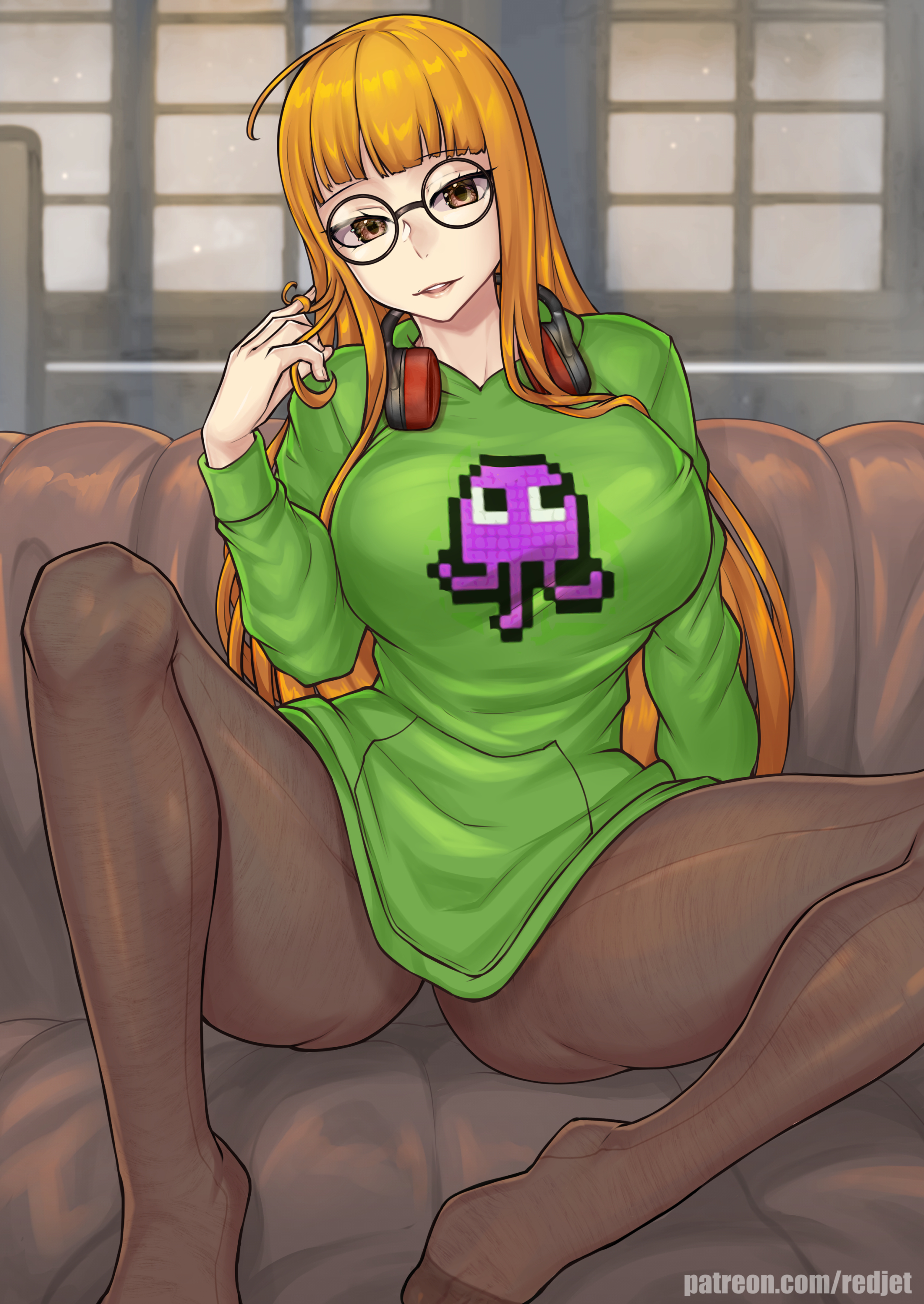alternate breast size, artist name, big breasts, breasts, couch, curling hair, feet, female, glasses, green shirt, headphones, headphones around neck, hourglass figure, light skin, light-skinned female, orange hair, patreon, patreon username, persona, persona 5, redjet, sakura futaba, spread legs, thick thighs, tights, window