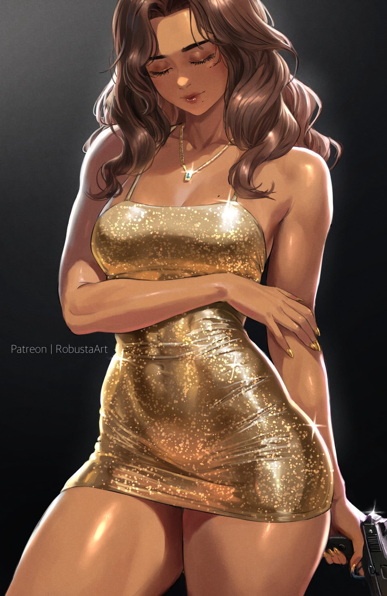 1girls brown_hair curvy dress female gold_dress grand_theft_auto grand_theft_auto_vi gun long_hair lucia_caminos necklace pistol puerto_rican robustaart shiny_dress solo tan_body thick_thighs video_game_character yellow_nails