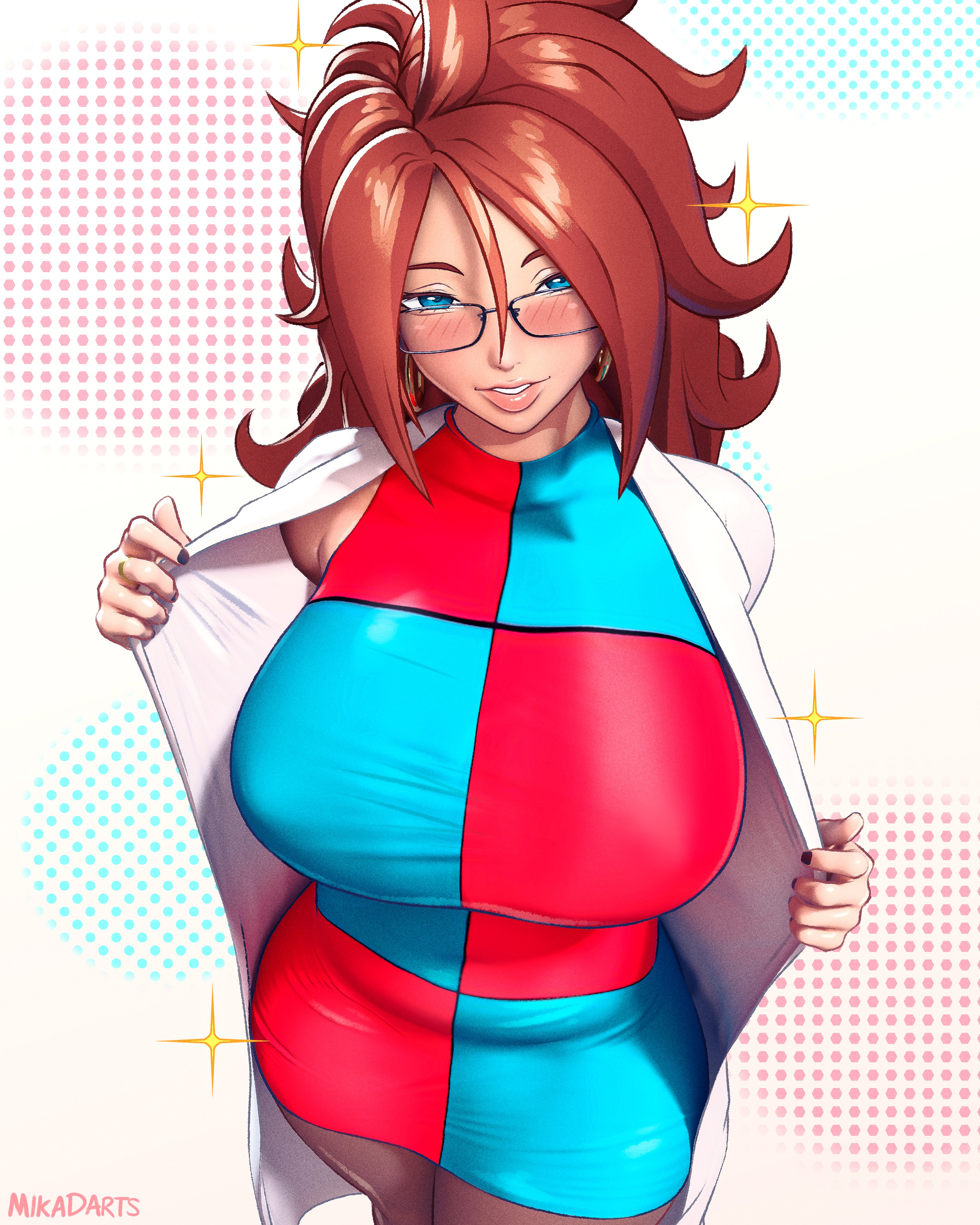 1girls, android 21, android 21 (human), big breasts, blue eyes, breasts, brown hair, dragon ball, dragon ball fighterz, female, female only, glasses, huge breasts, labcoat, large breasts, long hair, mikadawn