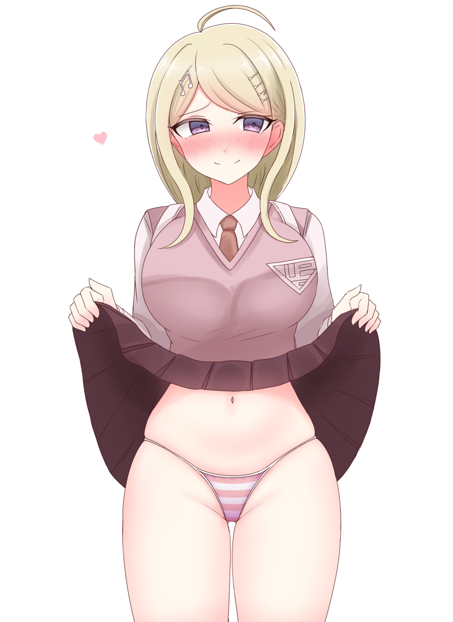 1girls, ahoge, akamatsu kaede, ass visible through thighs, blonde hair, blush, breasts, cardigan, cardigan vest, chiaki himanagi, danganronpa, female, heart, large breasts, lifted by self, lifting own clothes, lifting skirt, navel, necktie, panties, simple background, skirt, skirt lift, skirt lifted by self, solo, solo female, solo focus, striped panties, underwear, white background