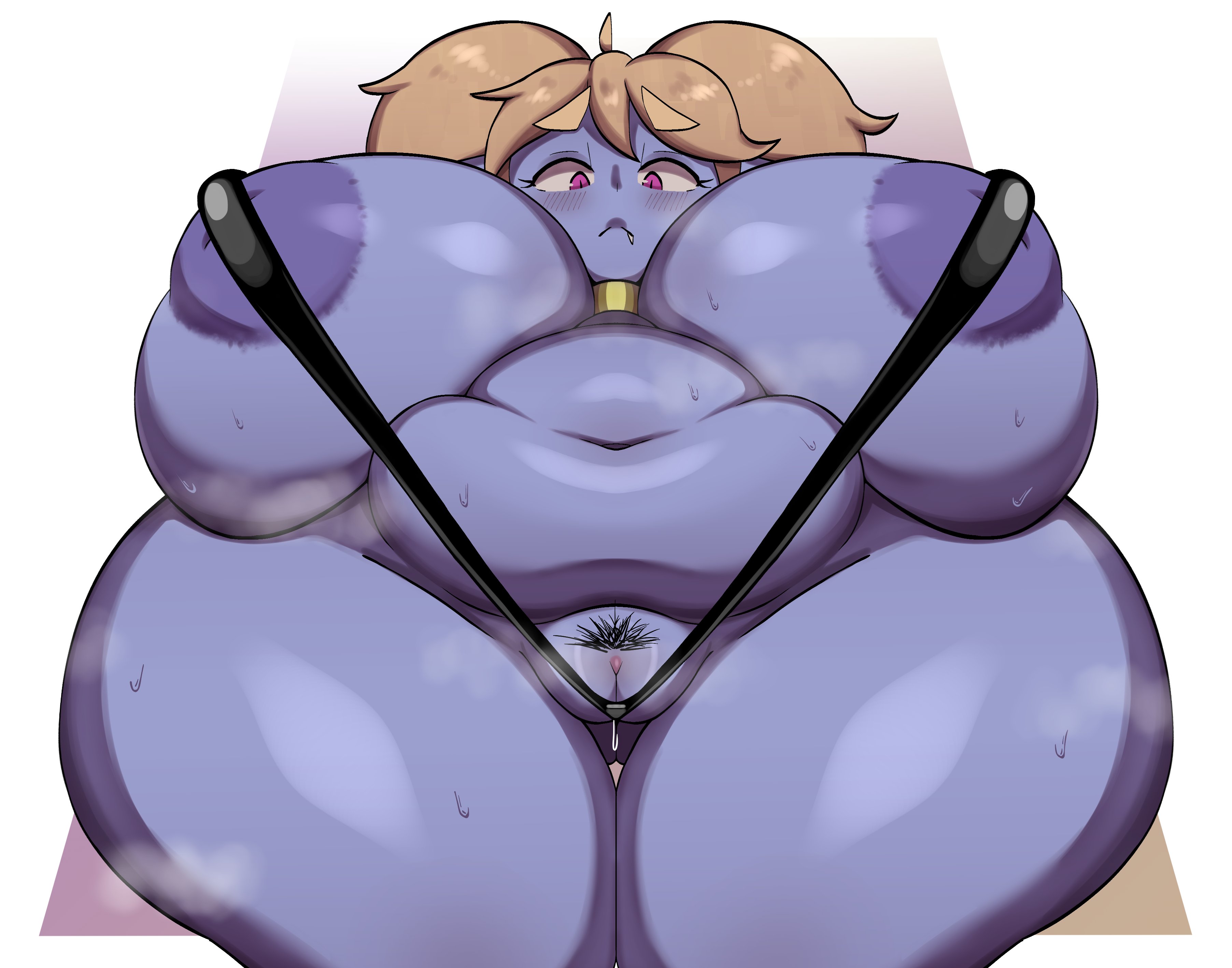 1girls, alternate version available, areolae, big areola, big breasts, bikini, blonde hair, breasts, breasts bigger than head, choker, chubby, chubby female, clothing, curvaceous, curvy, curvy figure, female, female only, huge breasts, hyper breasts, inverted nipples, league of legends, long hair, looking at viewer, low-angle view, mostly nude, musk, musk clouds, neckwear, pink eyes, plump, poppy, pubic hair, pussy, pussy juice, pussy juice drip, riot games, ryukinoodle, shortstack, sling bikini, solo, solo female, steam, steaming body, steamy pussy, thick thighs, twintails, voluptuous, voluptuous female, wet pussy, white background, wide hips, yordle