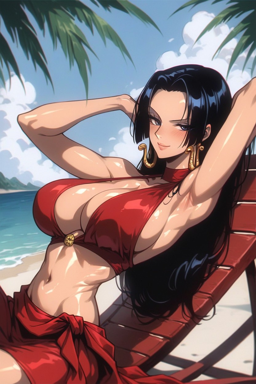 ai_generated armpits beach big_breasts bikini black_hair blush boa_hancock breasts chaise_lounge clothing dark_hair earrings faprunner78 female female_only hands_up huge_breasts long_hair looking_at_viewer natural_breasts oiled oiled_body oiled_breasts oiled_skin one_piece outdoors red_bikini sea sitting sitting_on_chair slim_girl slim_waist smiling sunbathing sunny waist