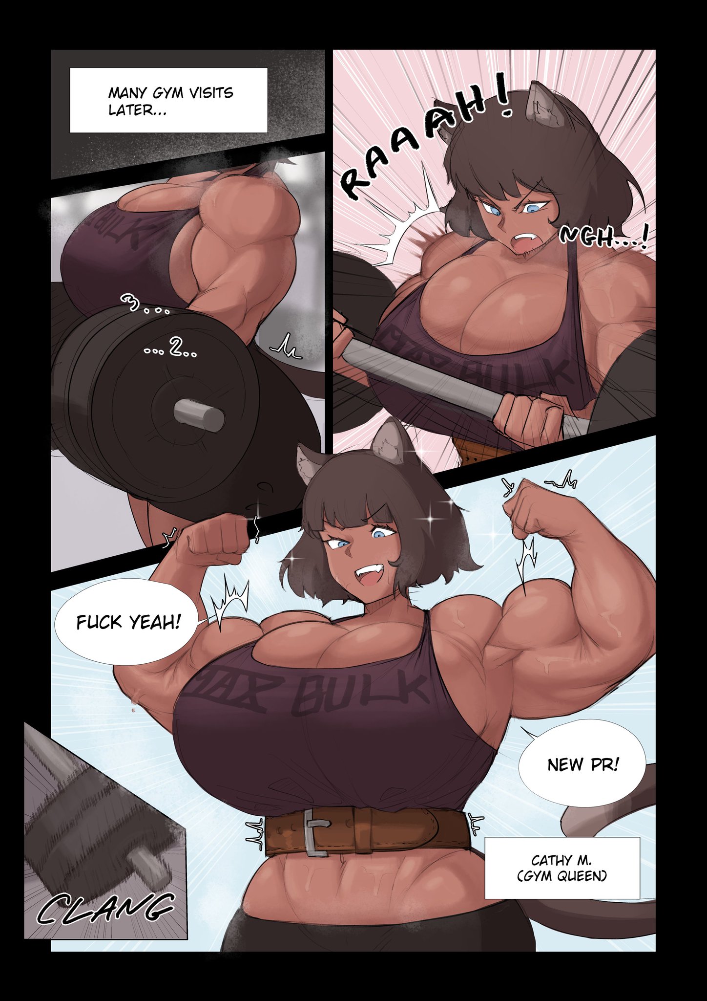 cat girl, catgirl, cathy (zeph505), comic, female, gym, muscular, muscular female, oc, zeph505