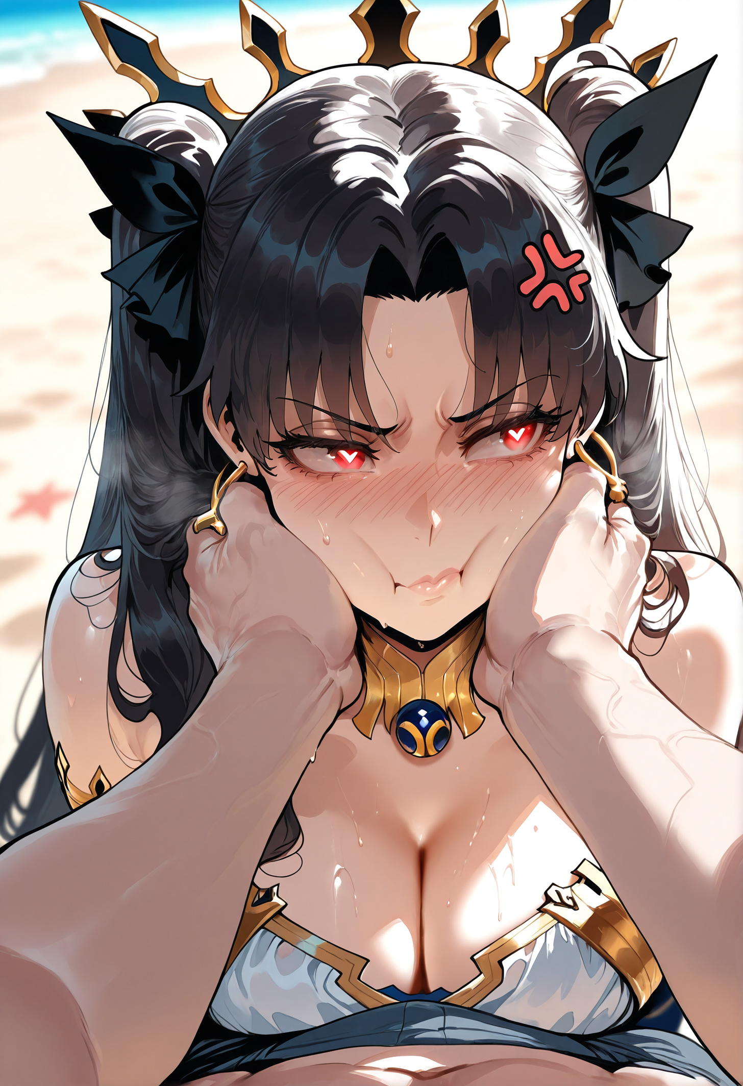 1boy, 1girls, ai generated, anger vein, armlet, bangs, bare shoulders, beach, bikini, black bow, black hair, black ribbon, blush, bow, breasts, cheek press, cheek squash, clavicle, cleavage, closed mouth, clothing, curvaceous, curvaceous female, curvaceous figure, curvy, curvy figure, day, earrings, exhibitionism, fate (series), fate/grand order, female, female focus, hair ornament, hair ribbon, hairbow, heart, heart-shaped pupils, hoop earrings, ishtar (fate), jewelry, large breasts, long hair, looking to the side, male, miyuai, navel, ocean, outdoors, outside, parted bangs, penis, red eyes, ribbon, sand, sidelocks, sky, smile, solo focus, straight, sweat, swimsuit, symbol-shaped pupils, twintails, two side up, veins, voluptuous, voluptuous female, water, white bikini