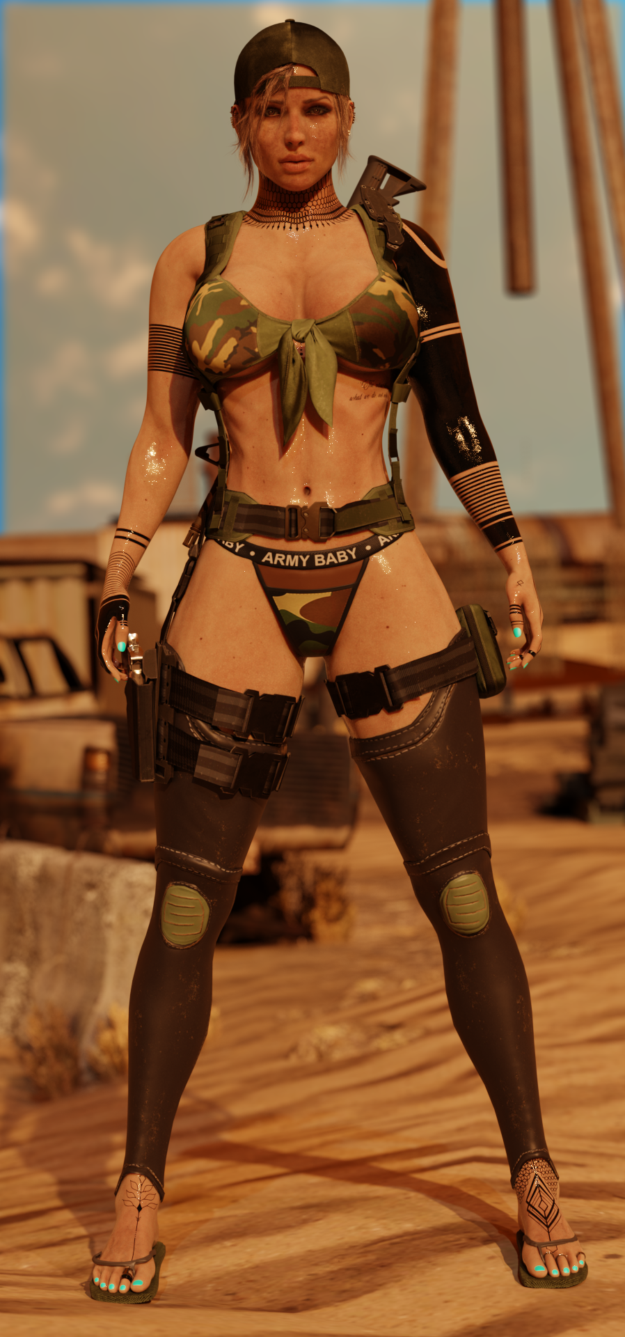 1girls 3d armed athletic athletic_female backwards_cap backwards_hat bad_bitch big_ass big_breasts big_thighs bikini blender blender_cycles blue_nail_polish blue_nails breasts brown_eyes brown_hair camouflage cap desert female female_only flip_flops glistening_body gun harness highres huge_breasts impractical_armor impractical_clothing impractical_outfit lara_croft lara_croft_(classic) leg_wraps light_skin long_hair long_nails military nail_polish nipple_bulge panties pinup sandals self_upload solo sweat sweatdrop sweating tattoo tattoos thick_ass thick_thighs tomb_raider weapon writing_on_clothes your__waifu