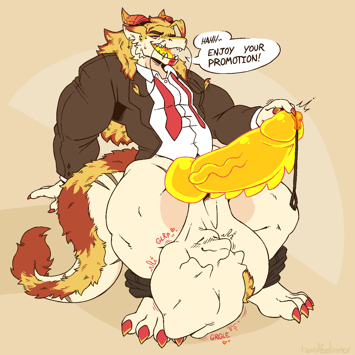 1:1 anthro big_penis clothing cock_vore collar dragon duo eyeseedee genitals hi_res huge_cock hyper hyper_genitalia hyper_penis male male/male male_pred mythological_creature mythological_scalie mythology necktie open_mouth penile penis scalie suit talking_to_prey unseen_prey vein veiny_penis vore