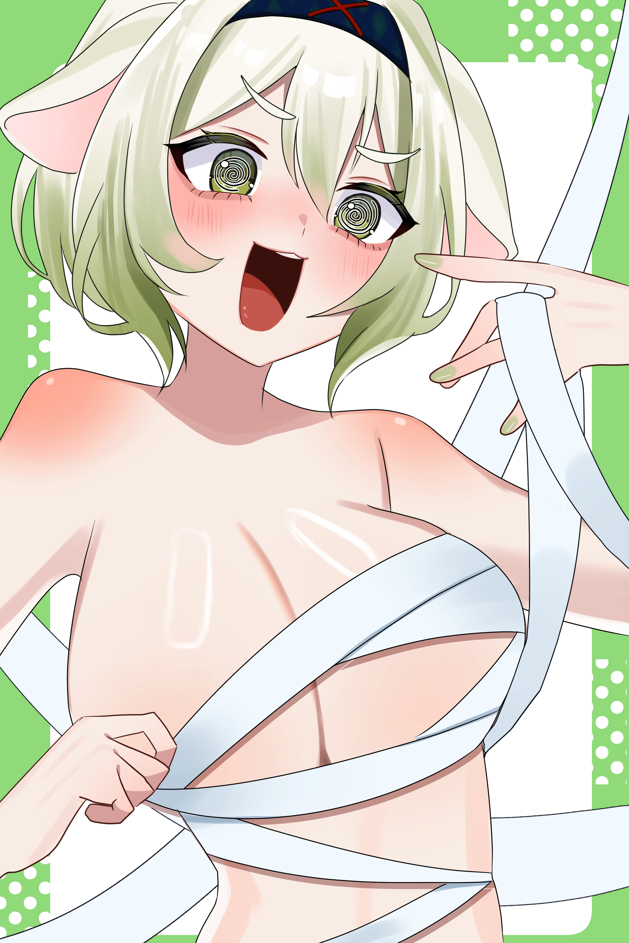 1girls, ahoge, animal ears, arm up, bandage, bandages, big breasts, blush, breasts, clothing, covered nipples, curvy, female, female only, ferret girl, green eyes, green highlights, hairband, ikada nami, indie virtual youtuber, laimu, laimu (huntress), looking at viewer, monster hunter, nail polish, nargacuga (armor), open mouth, sarashi, shocked, short hair, solo, suprised, tail, thighs, undressing, virtual youtuber, vtuber, wardrobe malfunction, white hair, wraps
