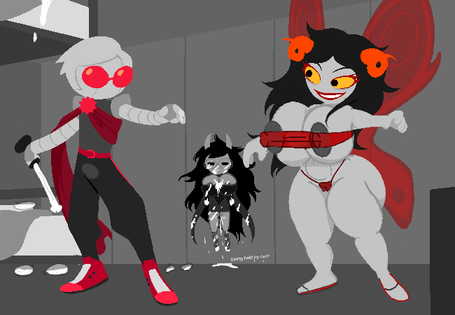 aradia_megido blueghost418969 breasts_bigger_than_head cum_on_body davebot edit grey_skin half_naked homestuck homestuck^2 huge_breasts jade_harley ms_paint_adventures orange_horn orange_horns panties red_glasses robot screenshot screenshot_edit tagme thick_thighs troll troll_(homestuck) wings yellow_eyes