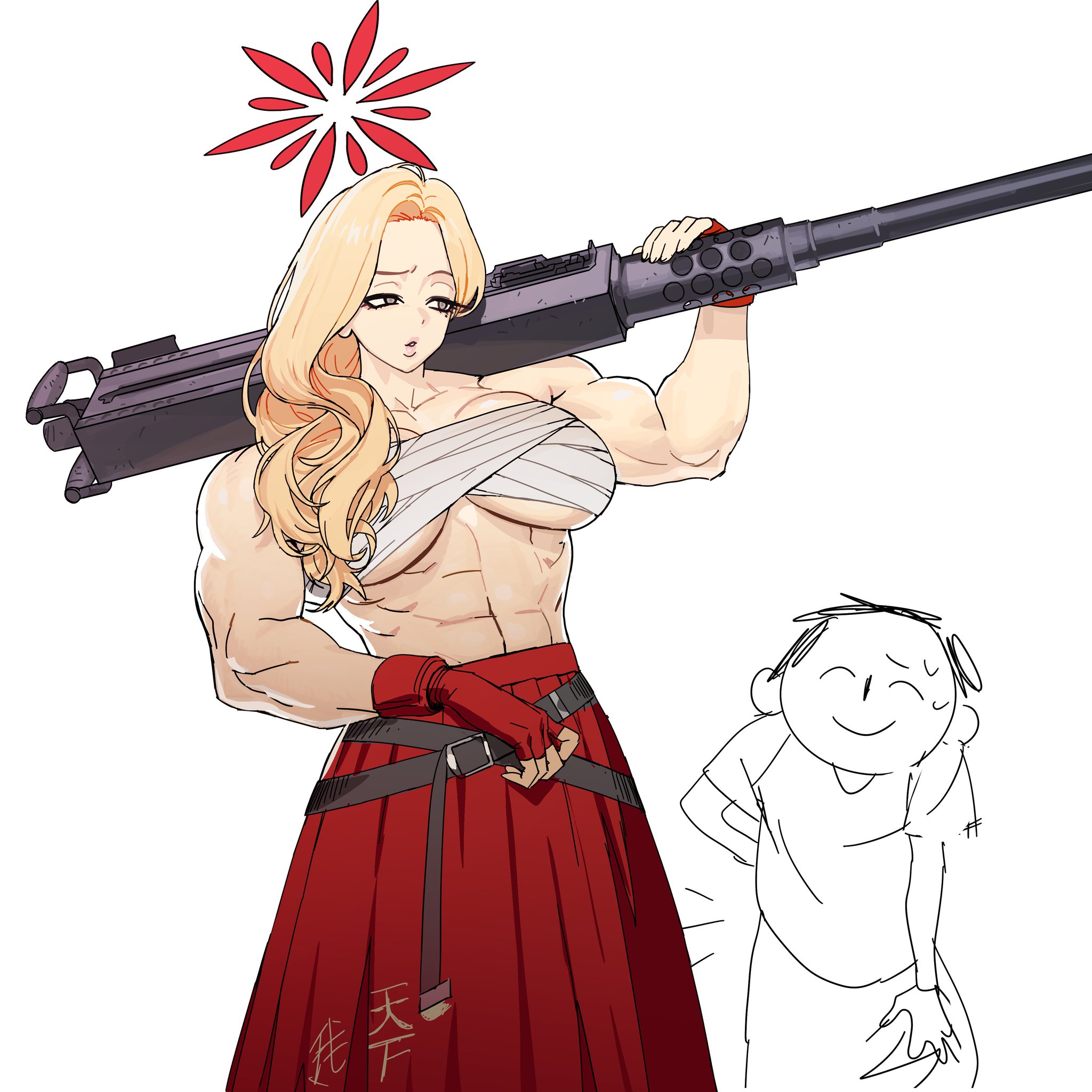 50 cal, abs, akemi (blue archive), bandage, blonde hair, blue archive, female, gun, halo, heavy machine gun, m2 browning, machine gun, male, muscular, muscular female, open mouth, yanolza01