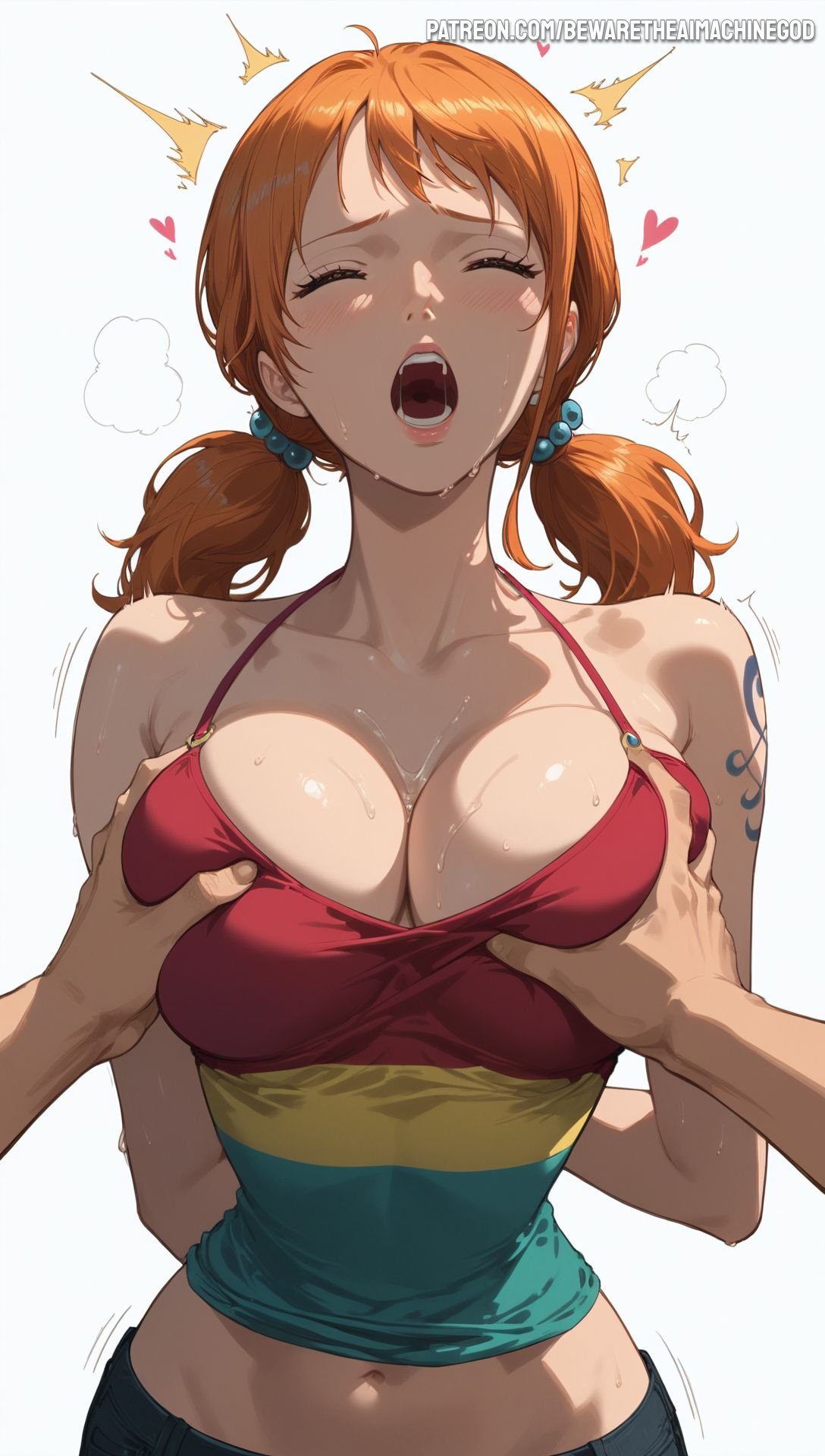 1girls, ai generated, arm tattoo, bewaretheaimachinegod, blue tattoo, clothing, female, male, nami (one piece), one piece, one piece film strong world, orange hair, orange-haired female, ponytail, tattoo