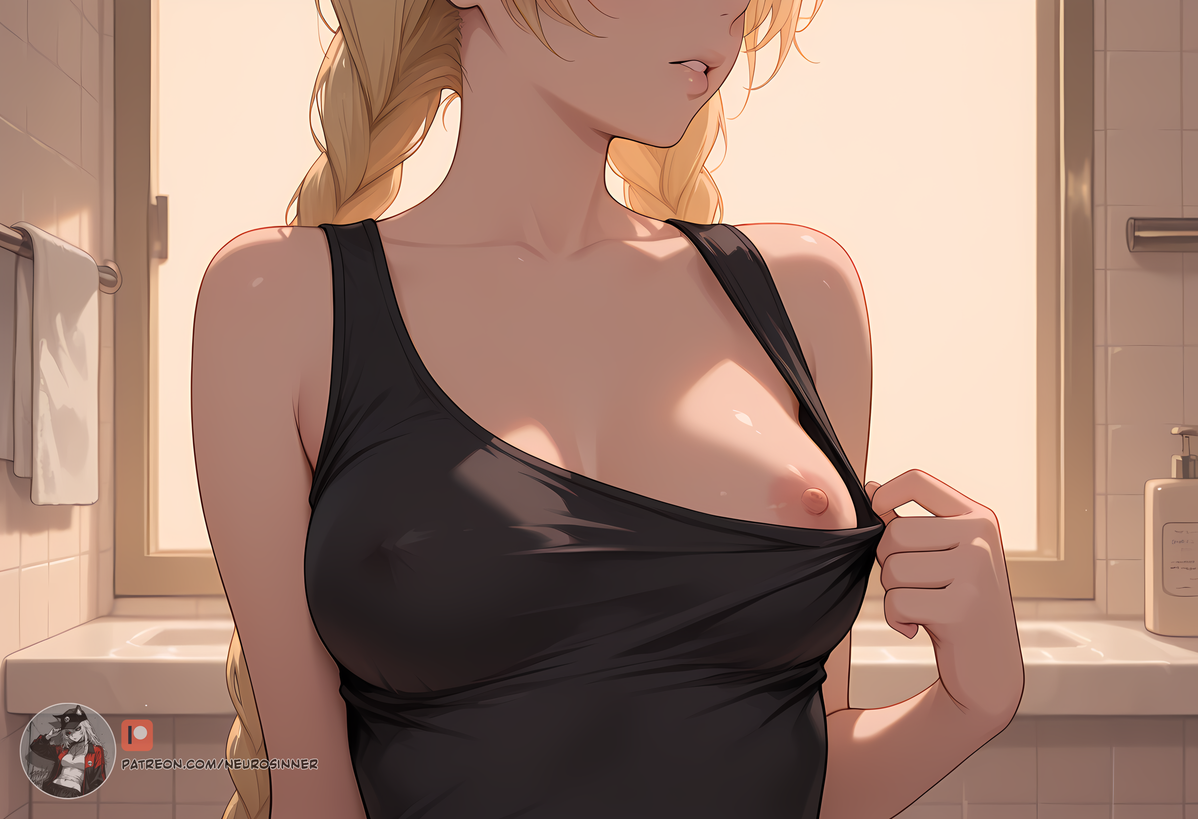 ai generated, blonde hair, breasts, breasts out, everlasting summer, female, long hair, nipples, slavya (everlasting summer), tank top, twin braids