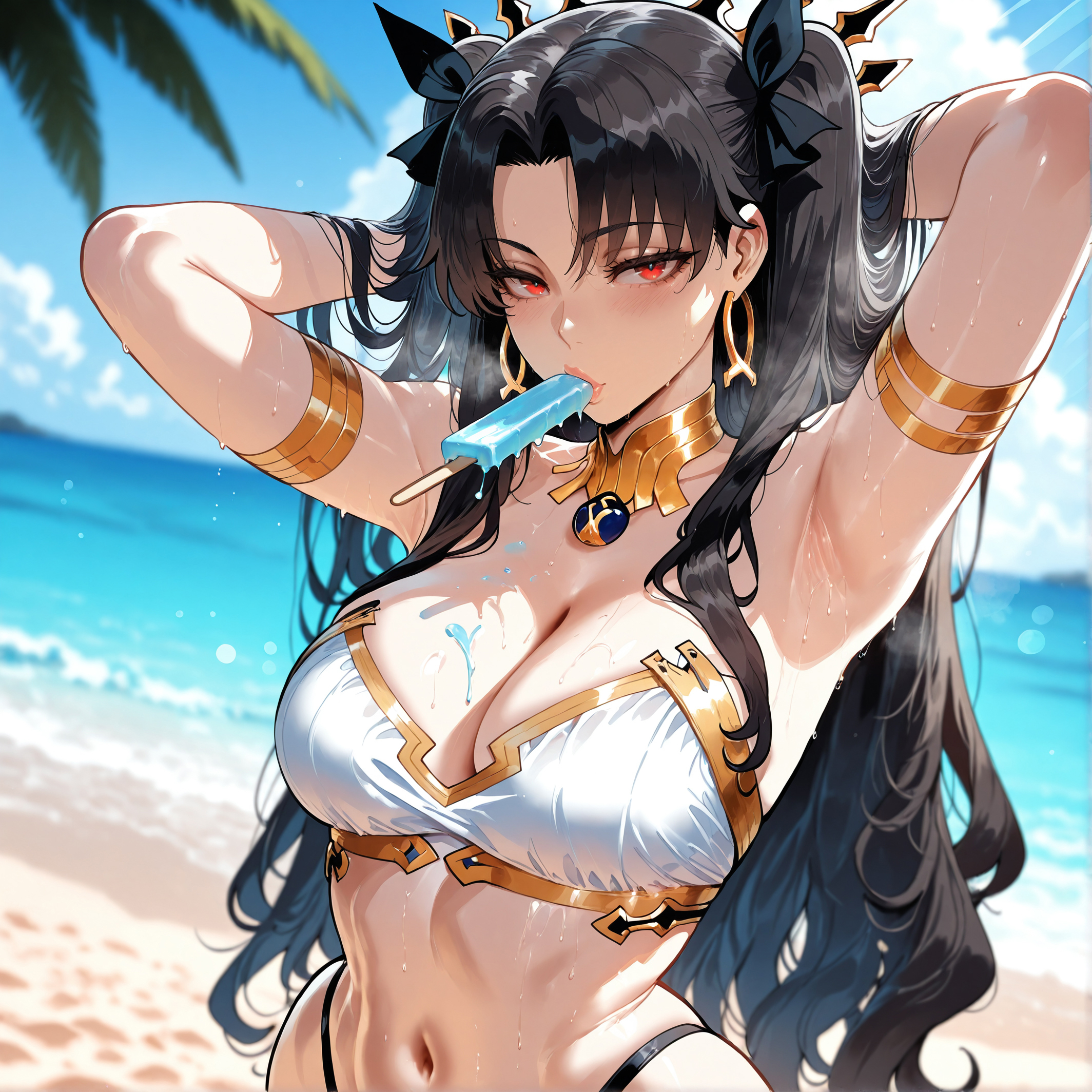 1girls, ai generated, armlet, armpits, arms behind head, arms up, bangs, bare shoulders, beach, bikini, black hair, black ribbon, black swimsuit, blue sky, blush, breasts, clavicle, cleavage, clothing, cloud, curvaceous, curvaceous female, curvaceous figure, curvy, curvy figure, day, detached collar, dripping, earrings, exhibitionism, fate (series), fate/grand order, female, female focus, female only, food, food in mouth, food on breasts, gold trim, hair ornament, hair ribbon, halterneck, highleg bikini, hoop earrings, inviting, inviting to sex, ishtar (fate), jewelry, large breasts, long hair, looking at viewer, medium breasts, mismatched bikini, miyuai, mouth hold, navel, neck ring, ocean, outdoors, outside, palm leaf, palm tree, parted bangs, popsicle, popsicle in mouth, presenting, presenting breasts, presenting self, red eyes, ribbon, sand, seductive, seductive look, seductive smile, sidelocks, skindentation, sky, smile, solo, stomach, strapless, strapless bikini, sweat, swimsuit, thighs, tiara, tree, twintails, two side up, upper body, voluptuous, voluptuous female, water, wet, white bikini, white swimsuit