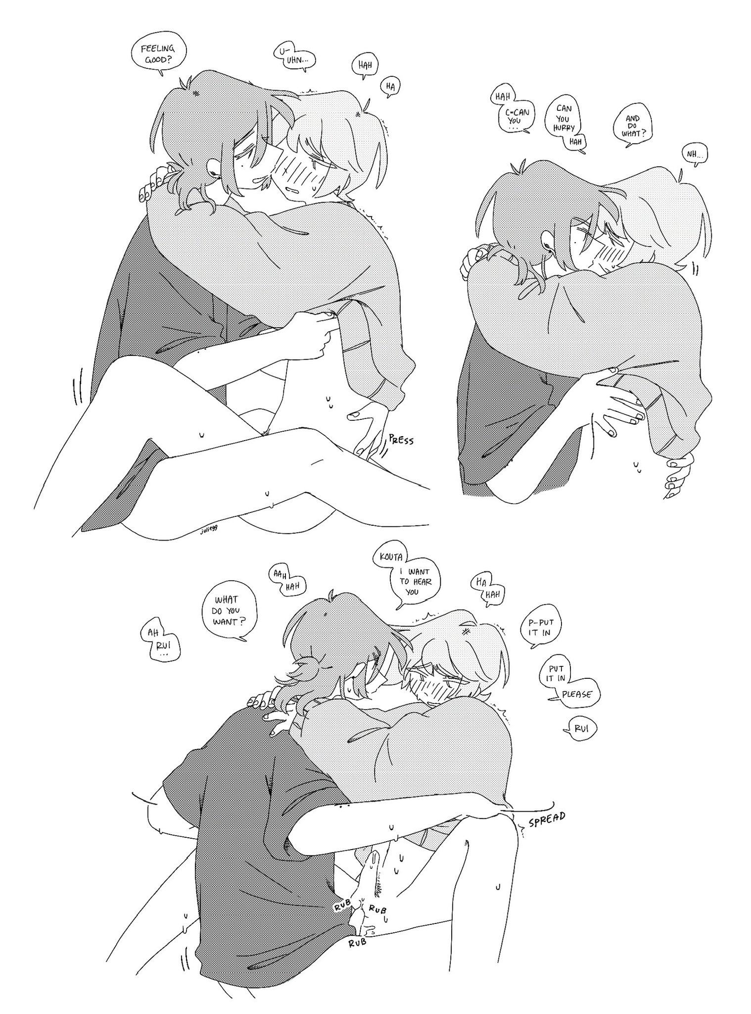 2boys, ahoge, arms around neck, arms around partner, artist name, asking for it, balls, barely visible balls, begging, between legs, blush, cardigan, dialogue, english text, erection, eyebrows visible through hair, functionally nude, greyscale, half-closed eyes, hand on another's leg, hand on another's shoulder, hand on another's stomach, highres, imminent anal, imminent penetration, imminent sex, juliegg, kouta (juliegg), leg grab, looking at another, looking at partner, looking down, looking pleasured, lube, lube drip, lube in ass, male, mischievous smile, mole, mole on arm, mole under eye, monochrome, original, partially clothed, penis, precum, precum drip, precum on penis, pubic hair, pubic hair peek, romantic, romantic couple, rubbing penis, rui (juliegg), shirt lift, shoulder grab, side view, sitting, smile, sound effects, speech bubble, spread legs, sweater, teasing, tied hair, trembling, watermark, white background, wholesome, yaoi