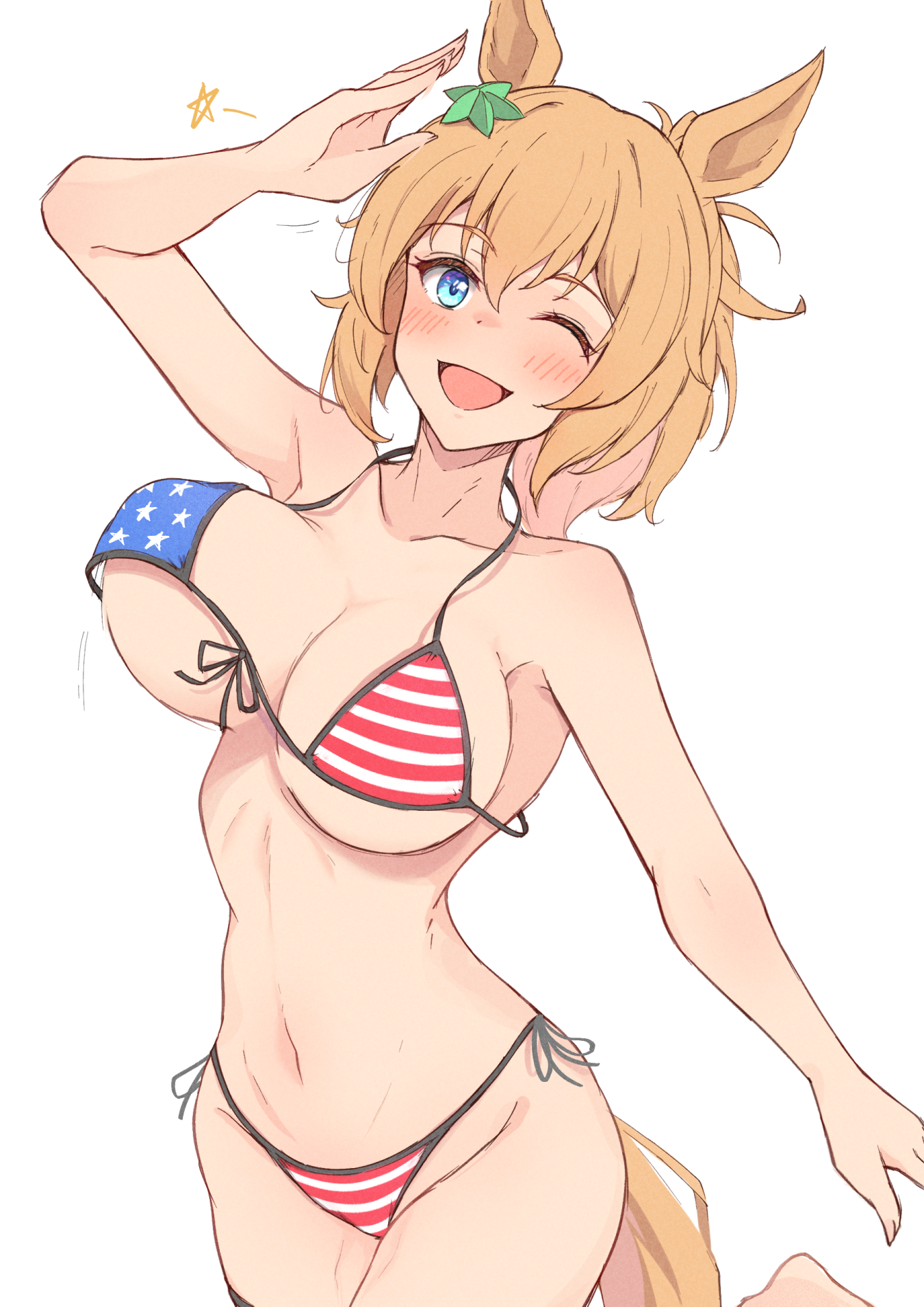 american flag bikini, big breasts, bikini, blonde hair, blue eyes, blush, bouncing breasts, breasts, cleavage, female, female only, hair ornament, himuraanzu, horse ears, horse girl, horse tail, kemonomimi, looking at viewer, loose bikini, ponytail, salute, smile, solo, star hair ornament, taiki shuttle (umamusume), umamusume, umamusume pretty derby, wink