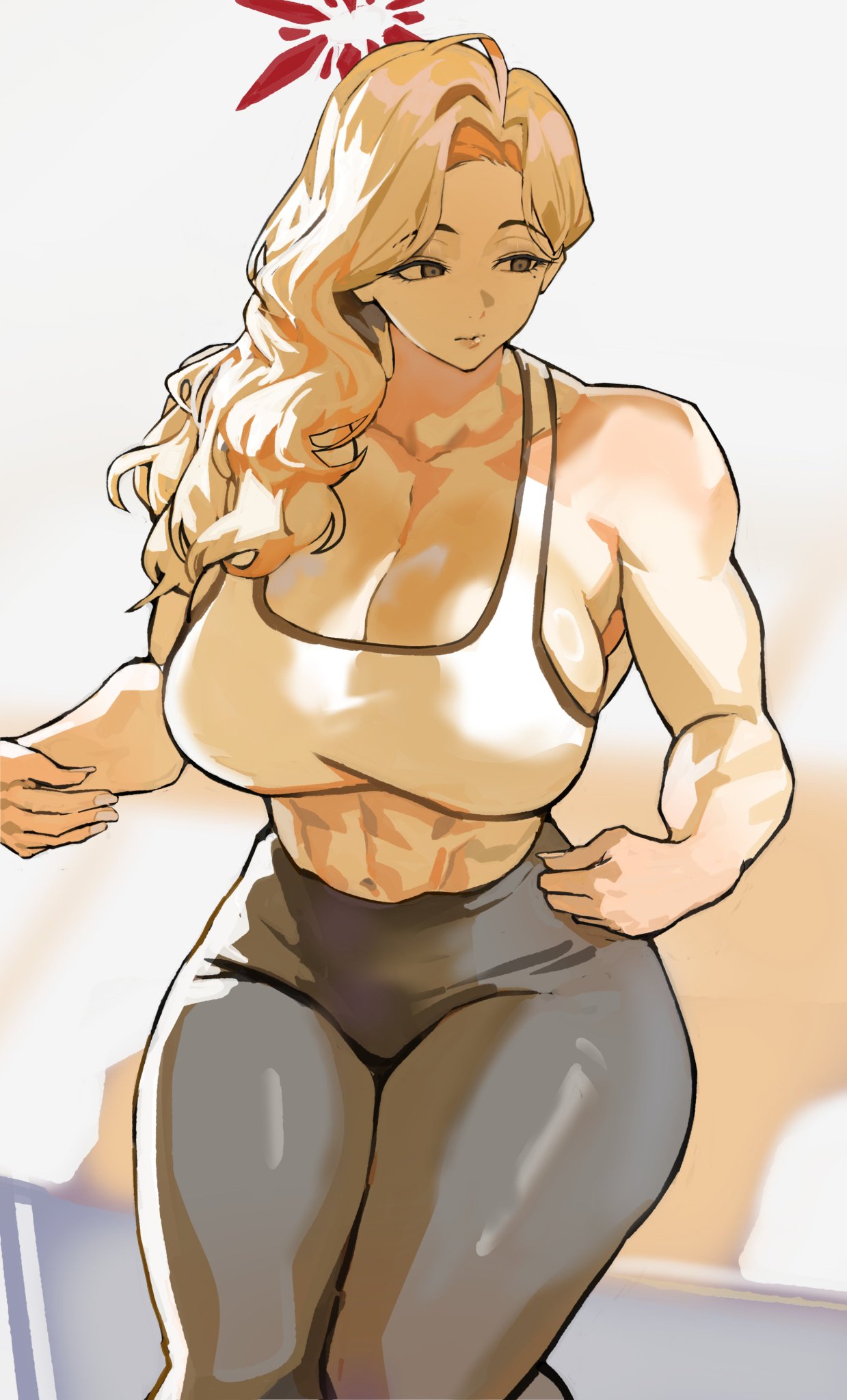 1girls, abs, akemi (blue archive), blonde hair, blue archive, breasts, female, gym clothes, large breasts, muscular, muscular female, navel, ongjolpark, workout clothes