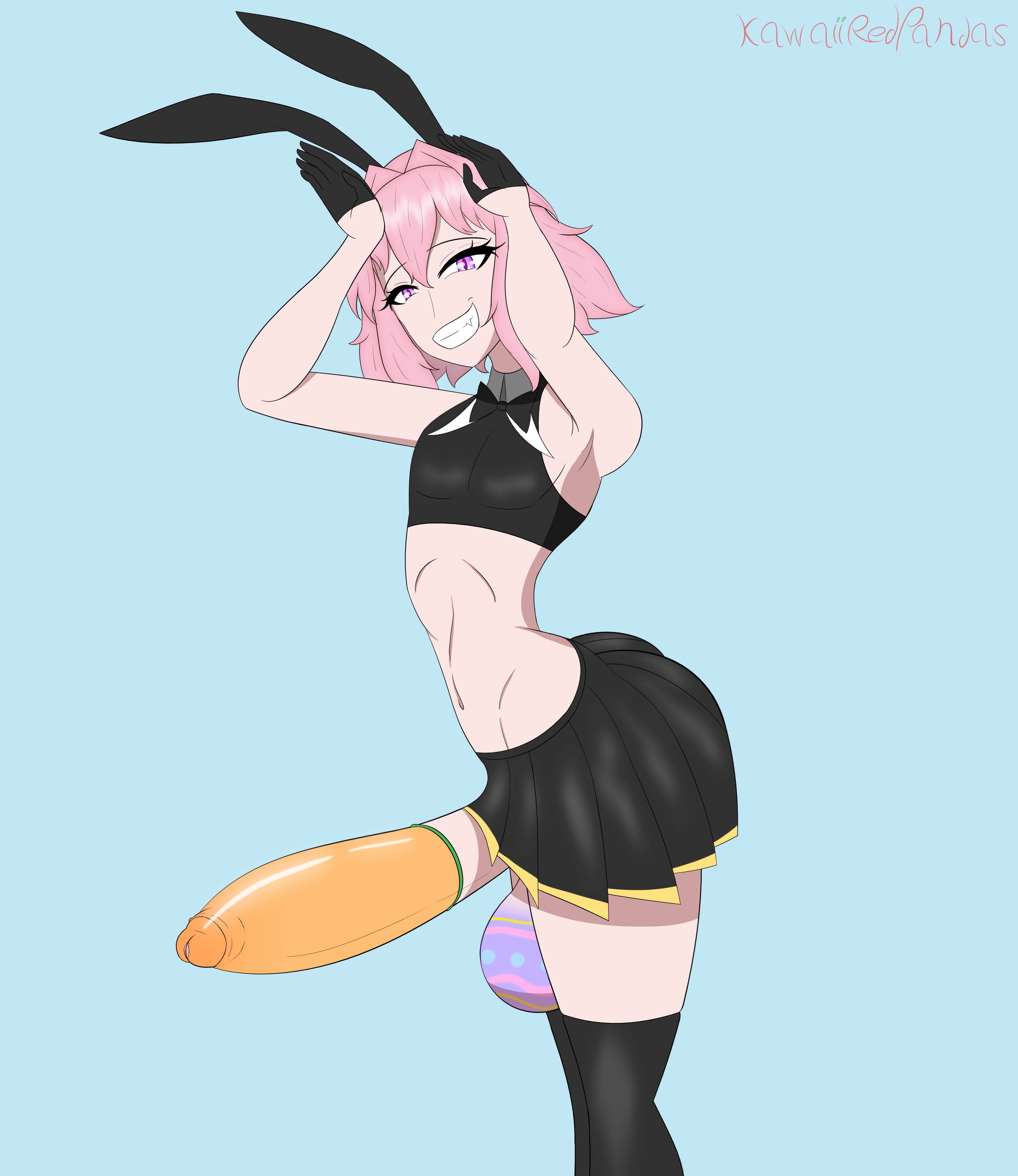 1boy, armpit, armpits, ass, astolfo (fate), astolfo (saber) (fate), balls, big ass, big penis, bodypaint, bowtie, bunny ears, condom, condom on penis, easter, easter balls, easter egg, exposed stomach, fangs, fate (series), fate/grand order, femboy, huge balls, huge cock, hung trap, kawaiiredpandas, large balls, large penis, light skin, light-skinned male, male, male only, miniskirt, navel, oerba yun fang, orange condom, otoko no ko, painted balls, penis, pink eyes, pink hair, purple eyes, short hair, short skirt, showing teeth, skirt, slender body, slender waist, smug, smug grin, solo, teeth, thick thighs, thighhighs, torn condom, trap, tummy, wide hips