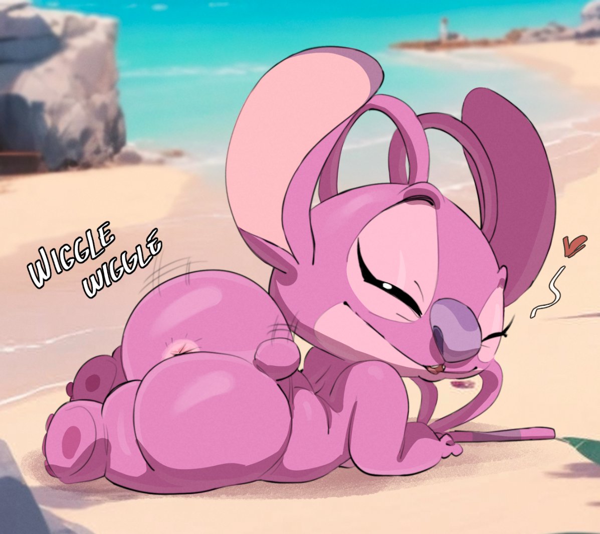 1girls, 2d, angel (lilo and stitch), antennae (anatomy), ass, big ass, big butt, bubble ass, bubble butt, disney, experiment (lilo and stitch), fat ass, female, full color, fur, furry, furry female, furry only, huge ass, humanoid, lilo and stitch, looking at viewer, no penetration, pink fur, pokachu (artist), shortstack, solo, solo female, text