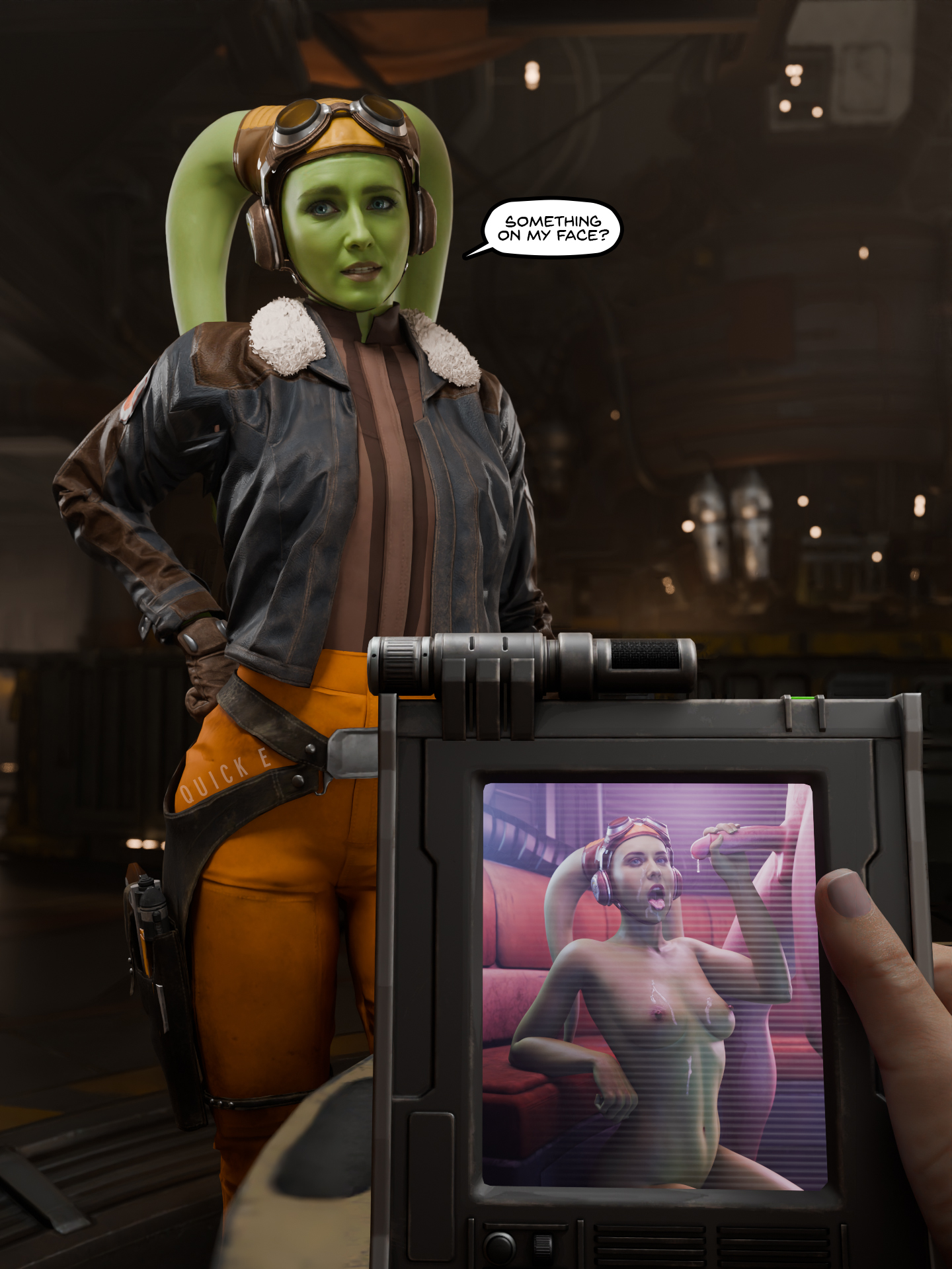 1boy, 1girls, 3d, alien girl, cum, cum on body, english text, female, green skin, hera syndulla, human is better, juxtaposition, male, naked, naked female, nude, nude female, penis, pov, pov eye contact, public reminder, quick e, ruined reputation, speech bubble, star wars, star wars squadrons, text, text bubble