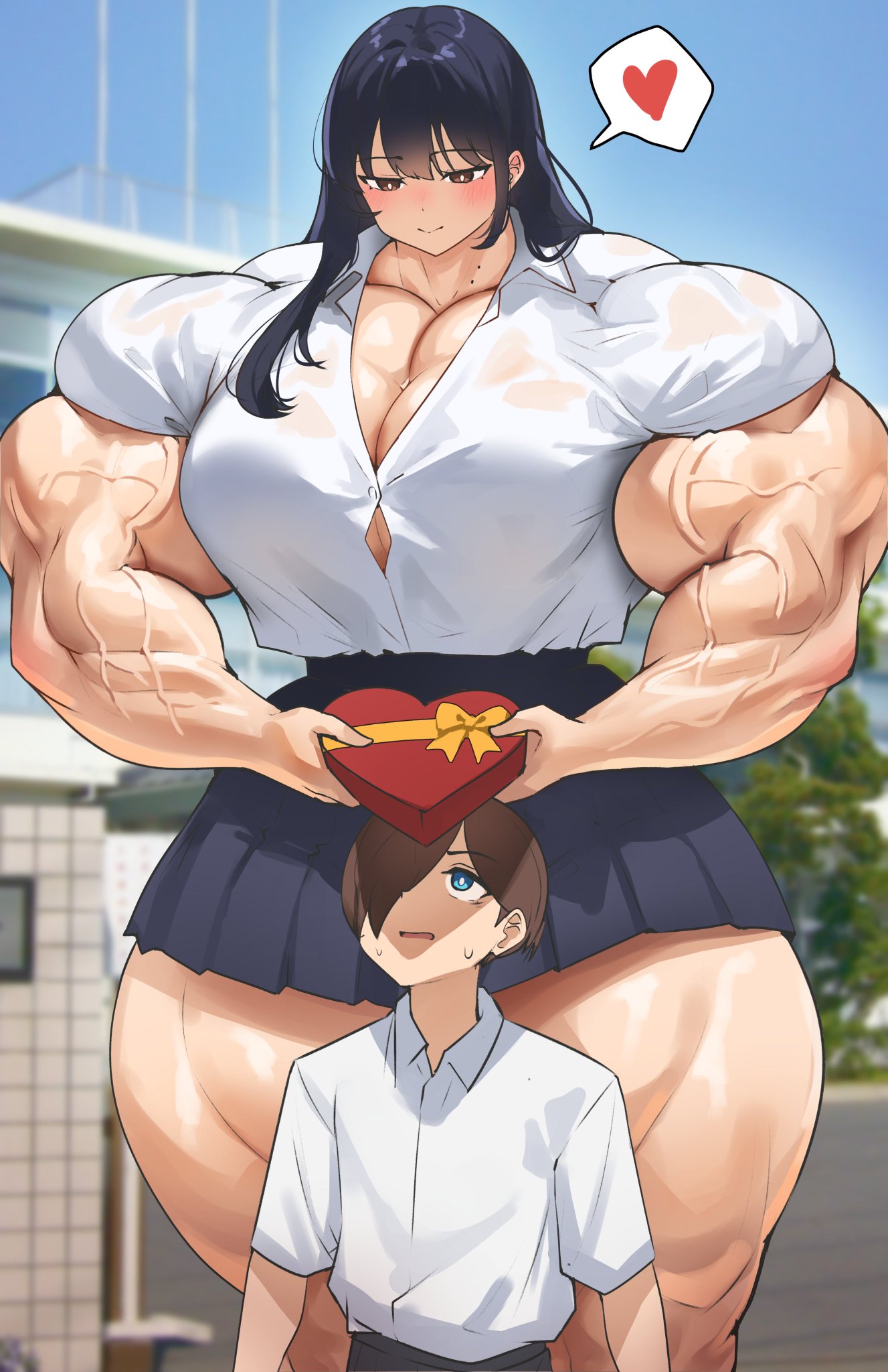 1boy, 1girls, bigger female, boku no kokoro no yabai yatsu, canon couple, couple, extreme muscles, female, ichikawa kyoutarou, larger female, male, muscles, musctonk, muscular, muscular female, smaller male, straight, valentine's day, veiny muscles, yamada anna