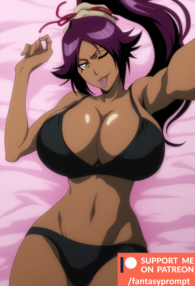 ai_generated black_bra black_underwear bleach bra breasts breasts_bigger_than_head brown_eyes dark-skinned_female dark_skin fantasyprompt female female_only from_above gigantic_breasts huge_breasts long_hair narrow_waist on_bed purple_hair selfie shihouin_yoruichi slim_waist thick_thighs tied_hair tight_fit tongue tongue_out underwear wide_hips wink winking_at_viewer
