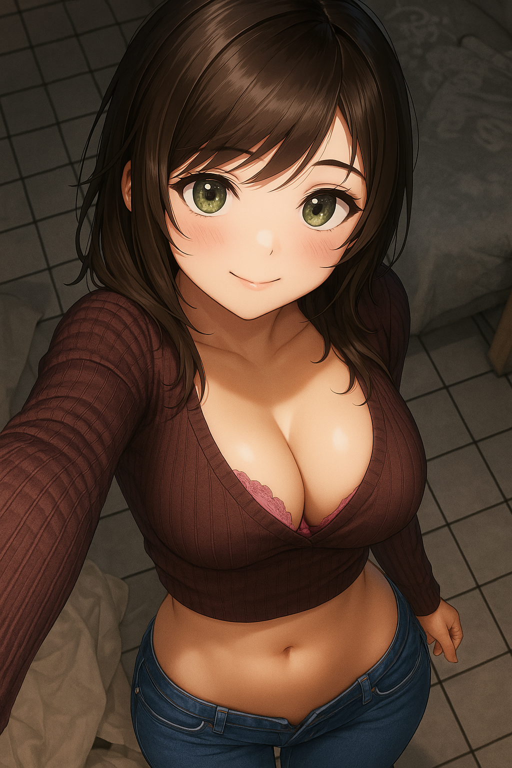 ai_generated background big_breasts big_breasts big_breasts bra breasts breasts breasts brown_hair cute female green_eyes jeans jenny_belle_(slipperyt) looking_at_viewer minecraft navel necklace pink_bra selfie sexy sexy_body sexy_pose sugestive_pose suggestive suggestive_look sweater waist wallpaper white_skin
