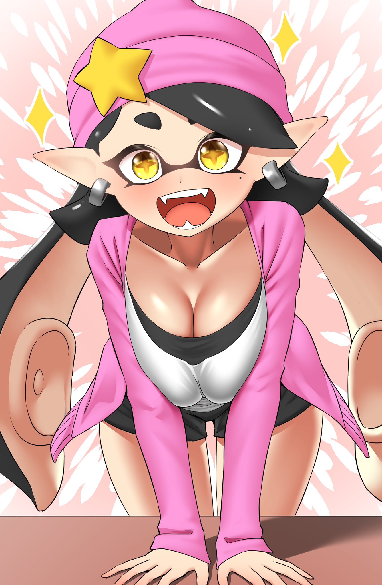1girls, agent 1 (splatoon), beanie, breast squeeze, breasts, callie (agent 1 casual), callie (splatoon), cleavage, earrings, female, fully clothed, fully clothed female, inkling, inkling girl, large breasts, long hair, long sleeves, mole, mole under eye, nintendo, nobunagapero, open mouth, pink beanie, pointy ears, short hair, solo, splatoon, splatoon (series), splatoon 2, splatoon 2: octo canyon, tentacle hair, twitter link, yellow eyes
