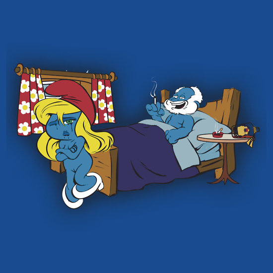 bed bedroom blonde_hair blue_skin crying curtains flowers green_eyes high_heels papa_smurf red_hat smoking smurfette tagme the_smurfs white_beard yellow_hair