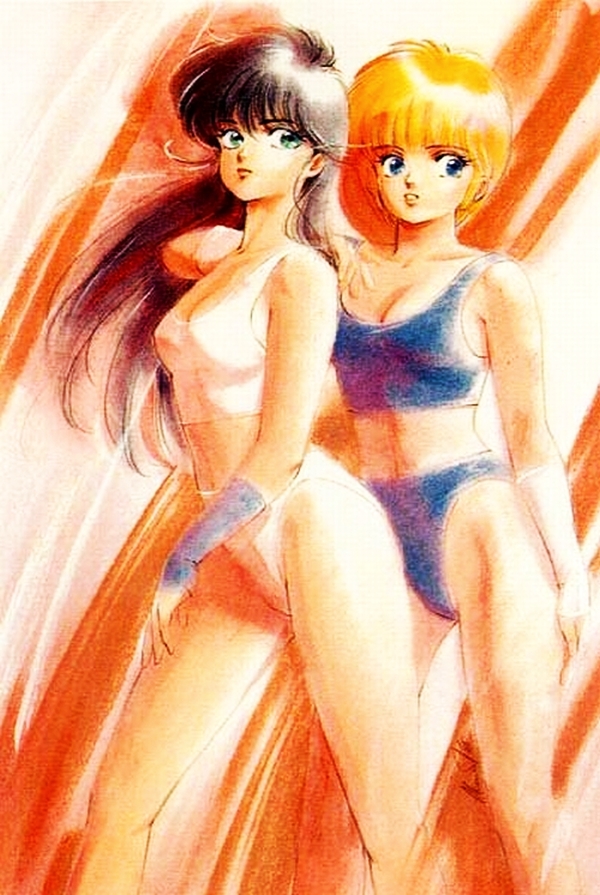 2girls 80s aqua_eyes black_hair blue_eyes breasts brown_hair curvaceous duo female hikaru_hiyama human kimagure_orange_road large_breasts light-skinned_female light_skin long_hair looking_at_viewer madoka_ayukawa medium_breasts official_art short_hair shounen_jump standing takada_akemi tank_top wide_hips