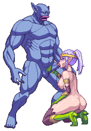 animated, censored, censored penis, chijoku no troll busters, elf, elf female, fellatio, female, functionally nude female, heels, kneeling, light skin, light-skinned female, male, male/female, monster, nude, nude female, nude male, oral, orc, orc male, penis, ponytail, purple hair, red-p, sprite, straight, tied hair, transparent background