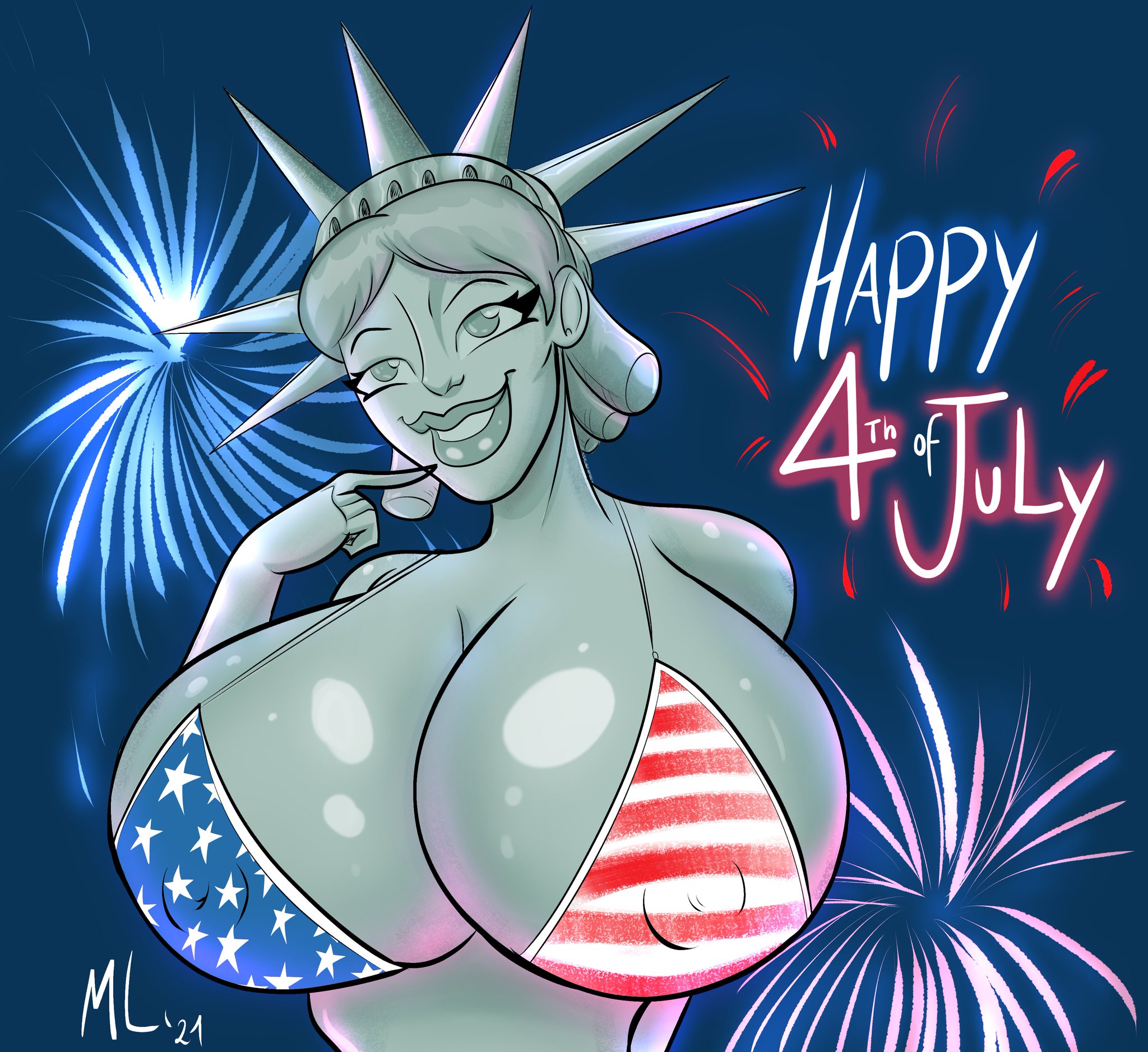 ameizing lewds, american flag bikini, bikini, breasts, erect nipples, female, fourth of july, green skin, huge breasts, massive breasts, metallic body, nipples, statue of liberty