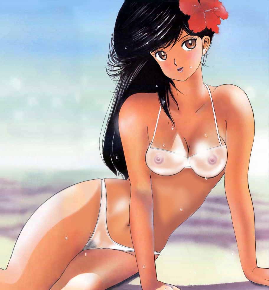 1girls 80s beach bikini black_hair breasts curvaceous female green_eyes hair_flower human kimagure_orange_road large_breasts light-skinned_female light_skin long_hair looking_at_viewer madoka_ayukawa matsumoto_izumi nipples official_art pubic_hair see-through shounen_jump solo wide_hips