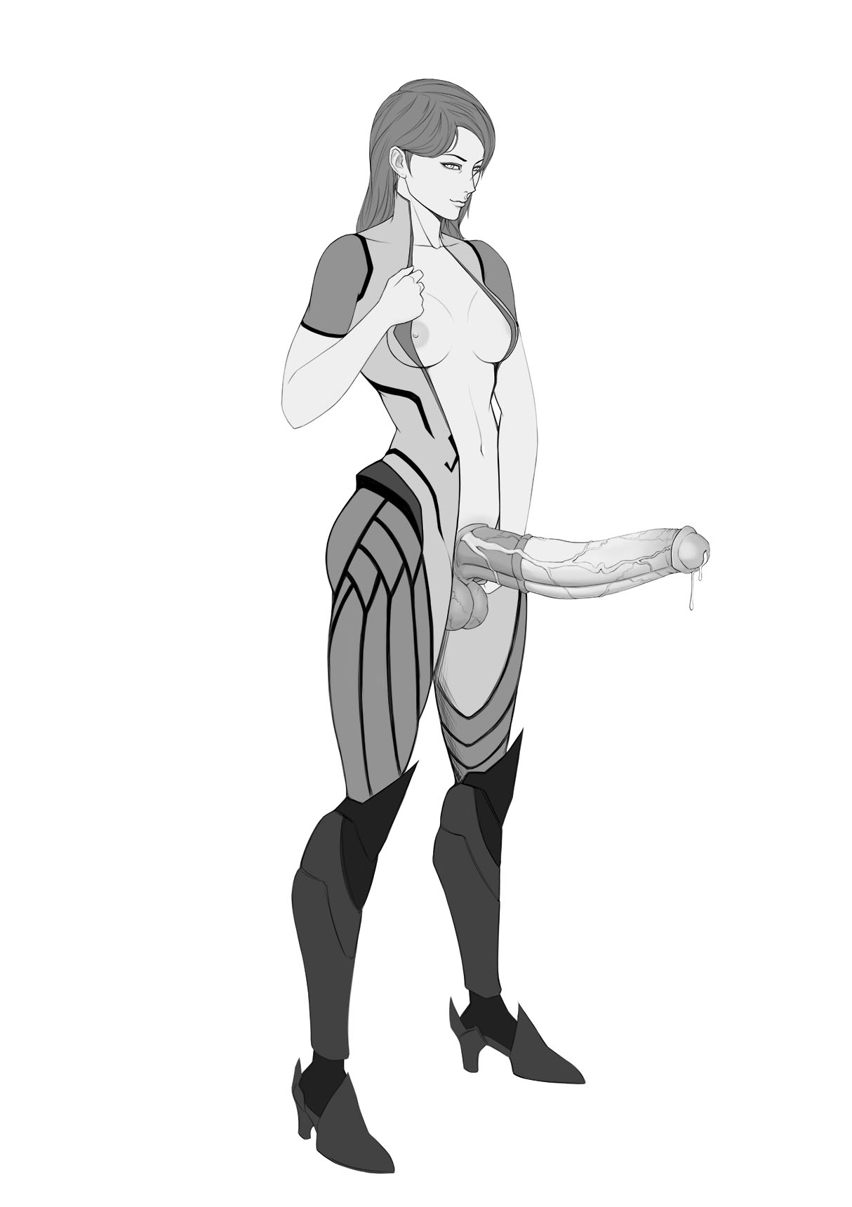 1futa, 624 (artist), animal genitalia, areolae, breasts, dickgirl, erection, futa only, futanari, horsecock, horsecock futa, huge cock, huge penis, human with animal genitalia, human with horsecock, hyper penis, intersex, monochrome, nipples, overwatch, penis, solo, veiny penis, widowmaker