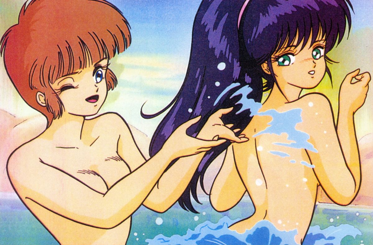 2girls 80s blue_eyes blue_hair breasts brown_hair duo female green_eyes hikaru_hiyama human kimagure_orange_road light-skinned_female light_skin long_hair madoka_ayukawa matsumoto_izumi medium_breasts nude official_art ponytail short_hair water