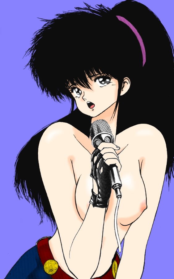 1girls 80s belt black_hair blue_background breasts edit female green_eyes human kimagure_orange_road large_breasts light-skinned_female light_skin long_hair looking_at_viewer madoka_ayukawa matsumoto_izumi microphone nipples nude_filter official_art open_mouth pants ponytail solo topless