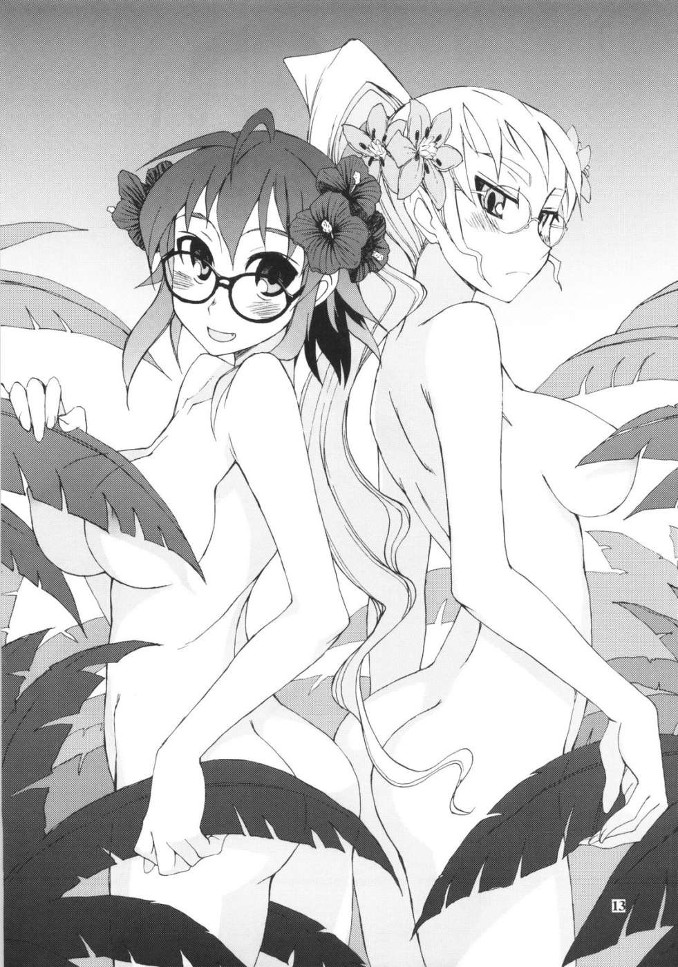 ass breasts censored convenient_censoring female female_only flower glasses hair_flower hair_ornament highres kusanagi_tonbo large_breasts long_hair monochrome multiple_girls nipples nude original ponytail short_hair tied_hair