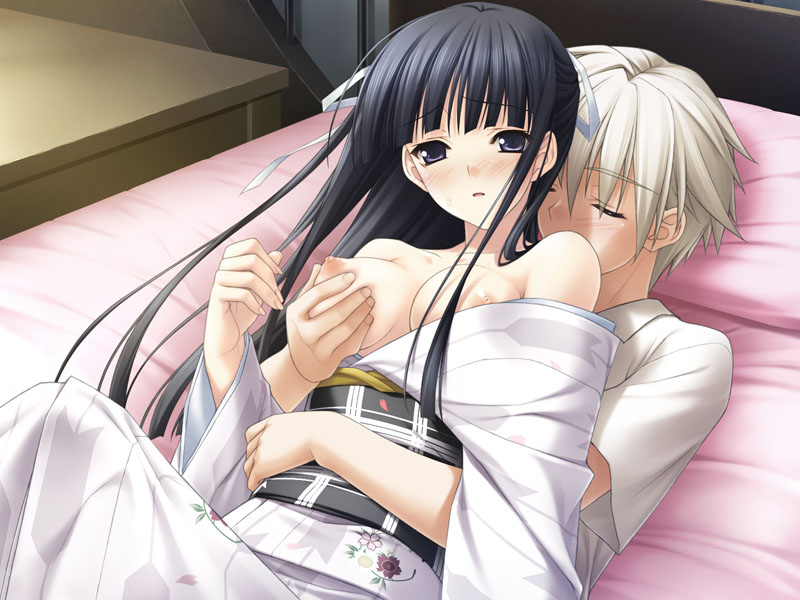 bare_shoulders black_eyes black_hair blush breast_grab breasts couple female game_cg hair_ribbon japanese_clothes kasugano_haruka kimono long_hair lying migiwa_kazuha nipples open_kimono ribbon ribbons suzuhira_hiro topless yosuga_no_sora