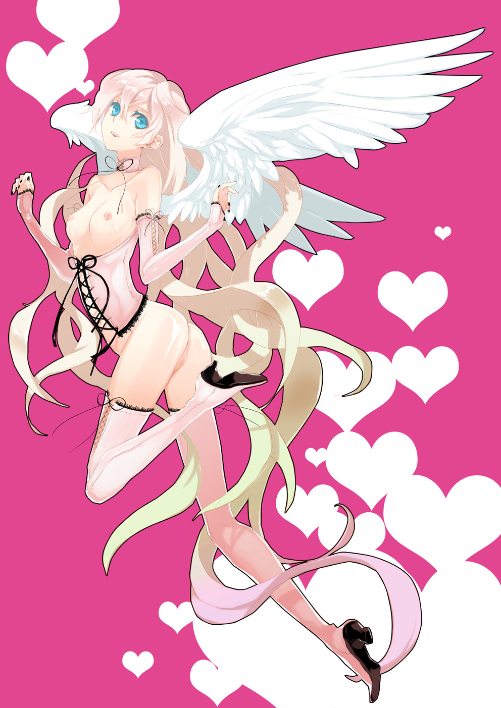 ass blue_eyes boots breasts choker corset heart high_heels highres lace long_hair mami multicolored_hair nail_polish nipples original pussy ribbon ribbons shoes smile thigh_boots thighhighs uncensored very_long_hair wings