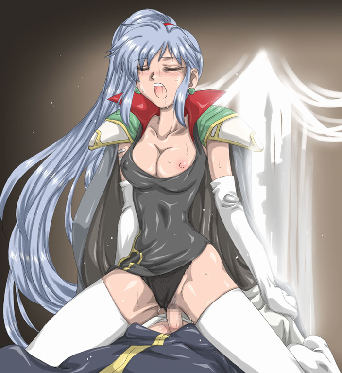 1boy 1girls breasts cape censored closed_eyes clothed_sex dress earrings elbow_gloves female fire_emblem fire_emblem:_genealogy_of_the_holy_war gloves ishtar_(fire_emblem) jewelry julius_(fire_emblem) kyouno_aki long_hair nipple_slip nipples pauldrons ponytail sex silver_hair sweat thighhighs tied_hair vaginal_penetration