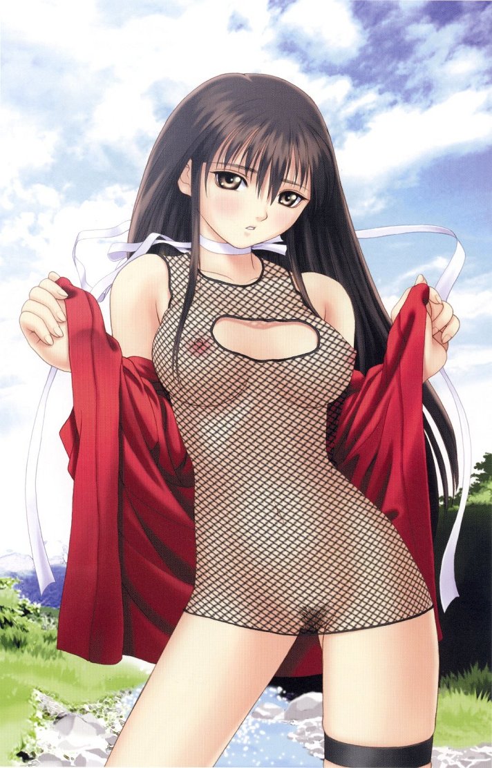 1girls black_hair blush breasts brown_eyes choker cleavage_cutout embarrassed female female_only fishnets japanese_clothes kimono large_breasts long_hair mitama_~shinobi~ navel ninja nipples no_bra no_panties nude open_clothes outdoors pubic_hair pussy ran_(mitama_~shinobi~) ribbon see-through short_dress short_kimono solo taka_tony thigh_strap uncensored undressing zenra