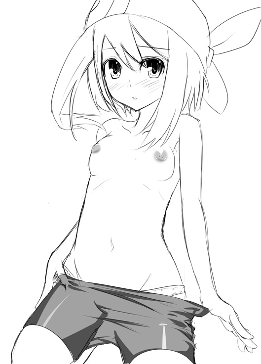 bandana bike_shorts bike_shorts_pull breasts female female_only flat_chest hat human human_only ichinose_yuu latex may_(pokemon) monochrome monochrome_bandana panties pokemon pokemon_rse simple_background sketch solo straight_hair topless underwear white_background