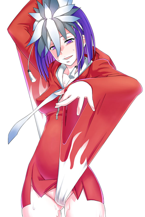 clothing headband hoodie kuzuryu_amane kuzuryuu_amane long_sleeves masturbation megami_ibunroku_devil_survivor no_panties purple_eyes purple_hair pussy_juice sato_iori short_hair solo sweat zipper