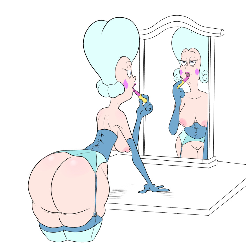1girls, arched back, ass, big ass, big breasts, blue eyes, blue hair, bottom heavy, breasts, disney, disney channel, disney xd, elbow gloves, female, female only, from behind, garter straps, gloves, half-closed eyes, lingerie, lipstick, makeup, massive ass, milf, mirror, moon butterfly, nipples, solo, star vs the forces of evil, stockings, topless, wappah, white background, white female