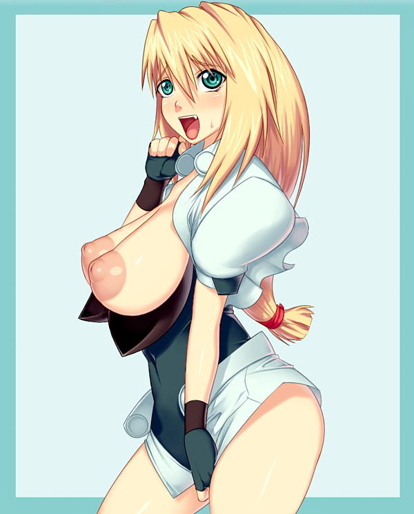 areolae blonde_hair breasts breasts_out cute_fang erect_nipples excel excel_saga green_eyes huge_breasts inverted_nipples large_areolae long_hair nipples open_mouth sawao skirt skirt_pull skirt_tug smile