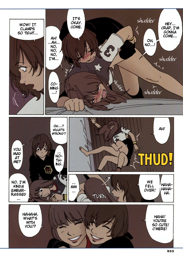 2girls bed blush comic english fall female hard_translated hug kishi_torajiro maka_maka masturbation multiple_girls smile top-down_bottom-up translated yuri