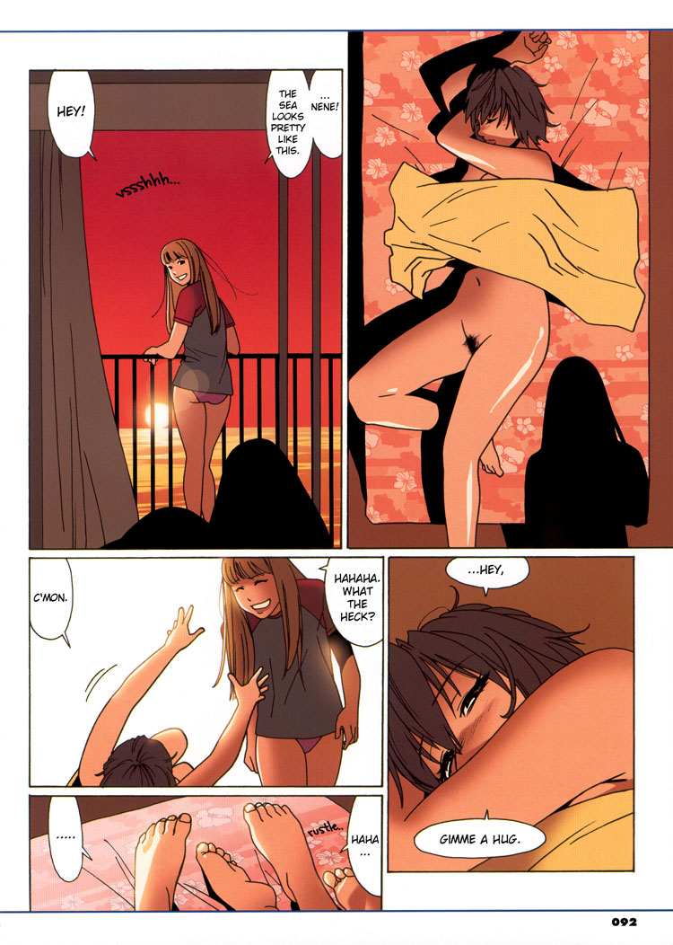 2girls bed blush english feet female hard_translated hug kishi_torajiro lying maka_maka multiple_girls panties pubic_hair sunset translated yuri