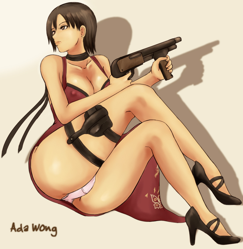 1girls ada_wong ada_wong_(caroline_ribeiro) ass black_hair breasts brown_eyes brown_hair choker cleavage crossed_legs dress erect_nipples female female_only firearm gun handgun high_heels legs legs_crossed panties pantyshot pink_panties red_dress resident_evil resident_evil_4 rirakukan shadow shoes short_hair shotgun sitting solo thigh_strap thighs underwear vertical_foregrip weapon