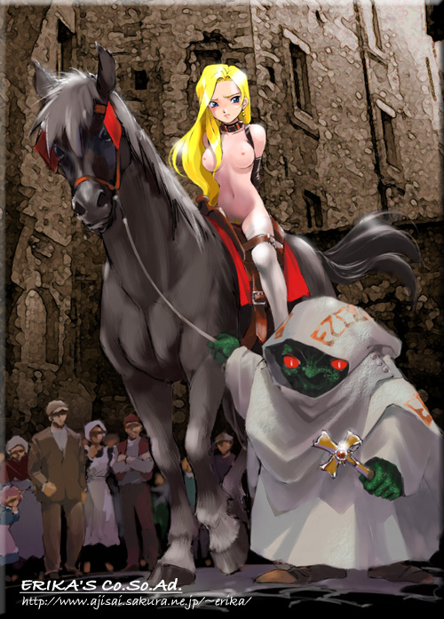 blonde_hair blush bondage breasts collar feral fur glycine_bleumer horse humiliation interspecies long_hair nude public_nudity sakura_taisen sakura_wars shibata_masahiro slave small_breasts stockings