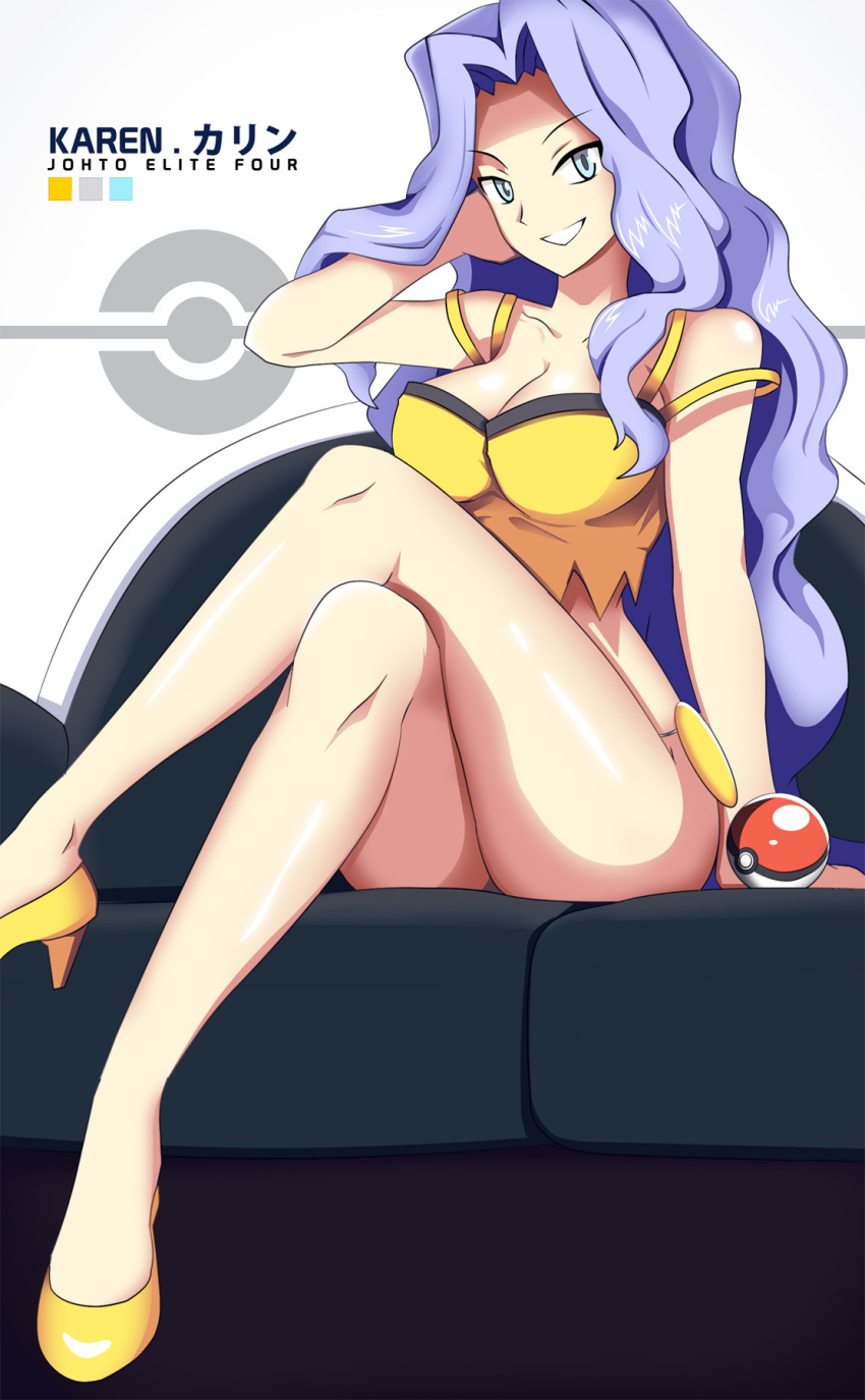 1girls, ass, belt, blue eyes, blue hair, breasts, cleavage, clothed, crossed legs, elite four, female, female only, half-closed eyes, high heels, human, karen (pokemon hgss), karen (pokemon), karin (pokemon hgss), karin (pokemon), large breasts, long hair, looking at viewer, nintendo, poke ball, pokemon, pokemon gsc, pokemon hgss, shirt, sitting, smile, sofa, solo, tank top, text, vivivoovoo