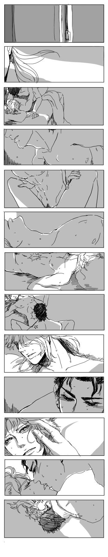 2boys anal anal_penetration anal_sex bed birthmark blush comic gay greyscale hako intimate joestar_birthmark jojo's_bizarre_adventure jotaro_kujo kissing laying_down laying_on_bed male male/male male_only monochrome multiple_boys no_text noriaki_kakyoin on_back scar scar_on_stomach sex smaller_penetrated spread_legs stardust_crusaders tongue_kiss yaoi