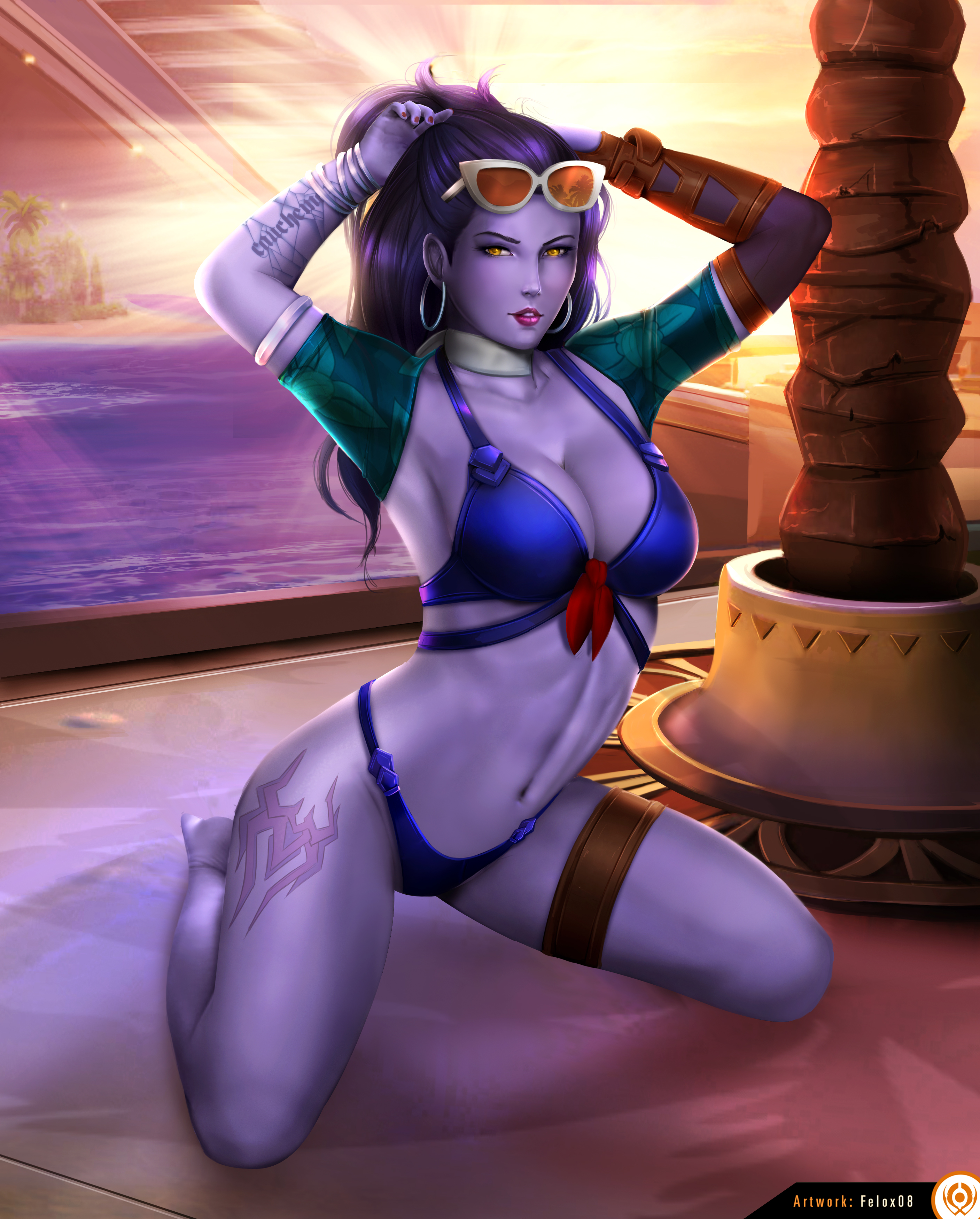 absurdres, alternate costume, bikini, breasts, cleavage, cote d'azur widowmaker, felox08, female, female only, highres, looking at viewer, overwatch, solo, widowmaker